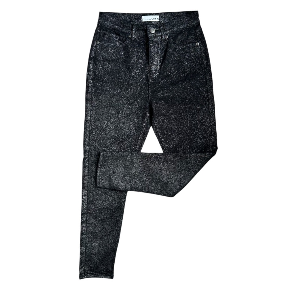 LOFT Women’s Coated Black Shimmer Skinny Mid Rise Jeans Sleek Stretch Denim 27/4